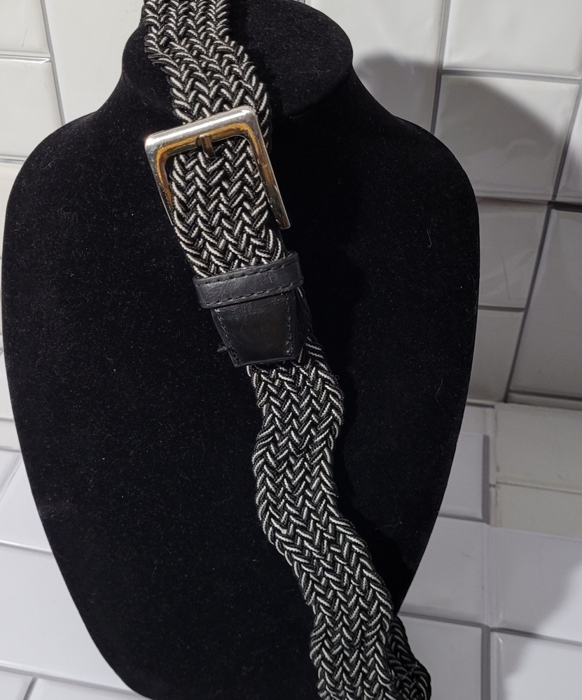 GELANTE Mens Woven Canvas Stretch Belt Black White Silver Buckle 